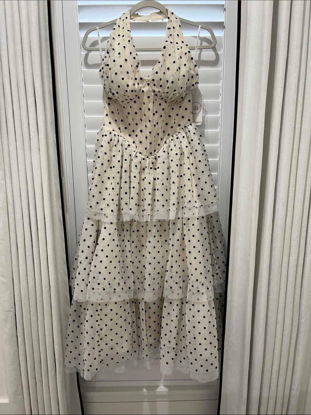 Polka Dot Tiered Halter Midi Dress - Cream with Black Dots